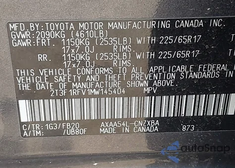 2021 Toyota Rav4 Le z USA, uszkodzony, nr VIN 2T3F1RFV1MW145404